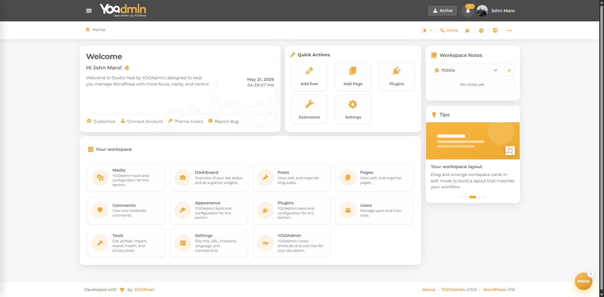 YOOAdmin Wordpress Plugin Dashboard